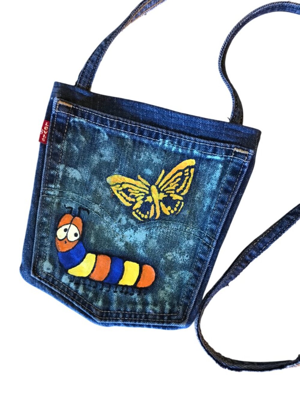 Handmade Crossbody Cell Phone Bag, Painted Whimsical Caterpillar Jean Purse